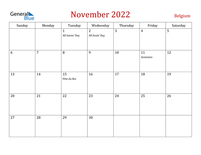 Belgium November 2022 Calendar With Holidays