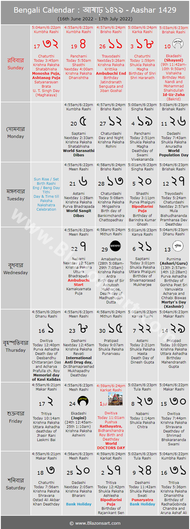 Bengali Calendar - Aashar 1429 : বাংলা কালেন্ডার - আষাঢ়
