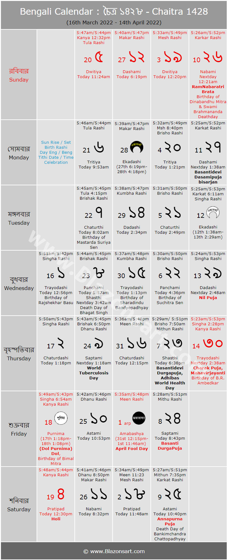 Bengali Calendar - Chaitra 1428 : বাংলা কালেন্ডার - চৈত্র