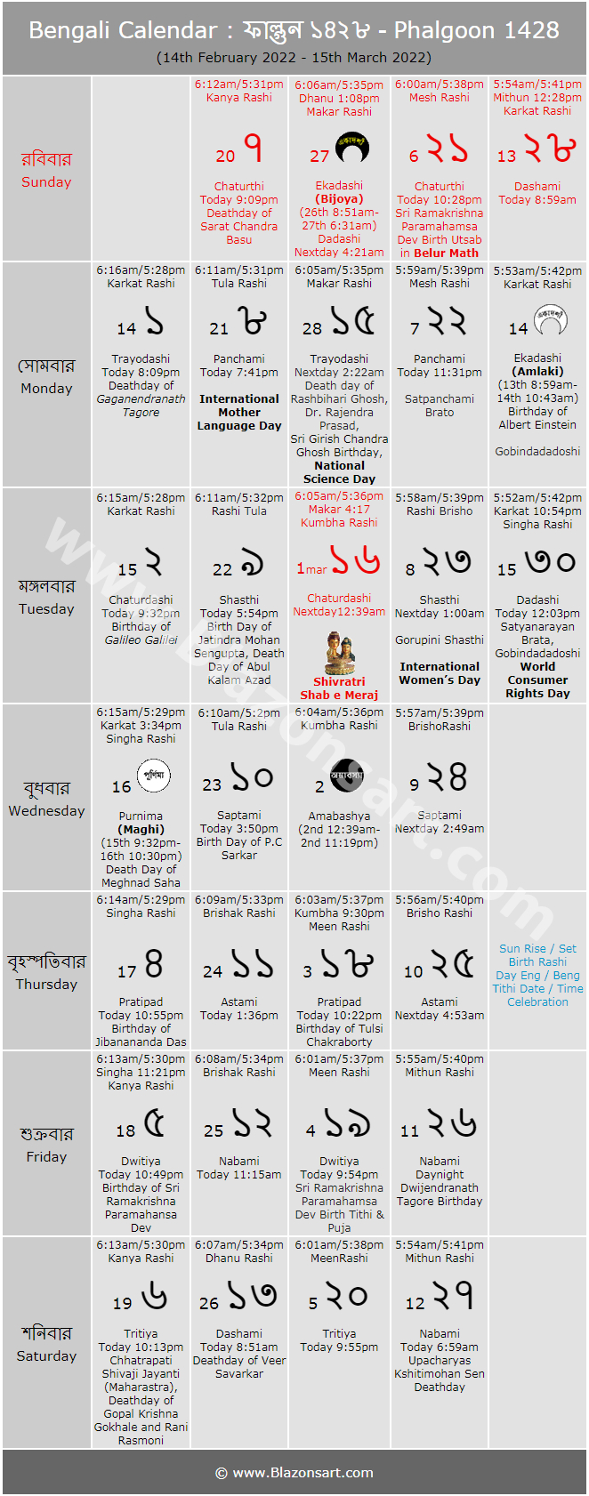 Bengali Calendar - Phalgoon 1428 : বাংলা কালেন্ডার