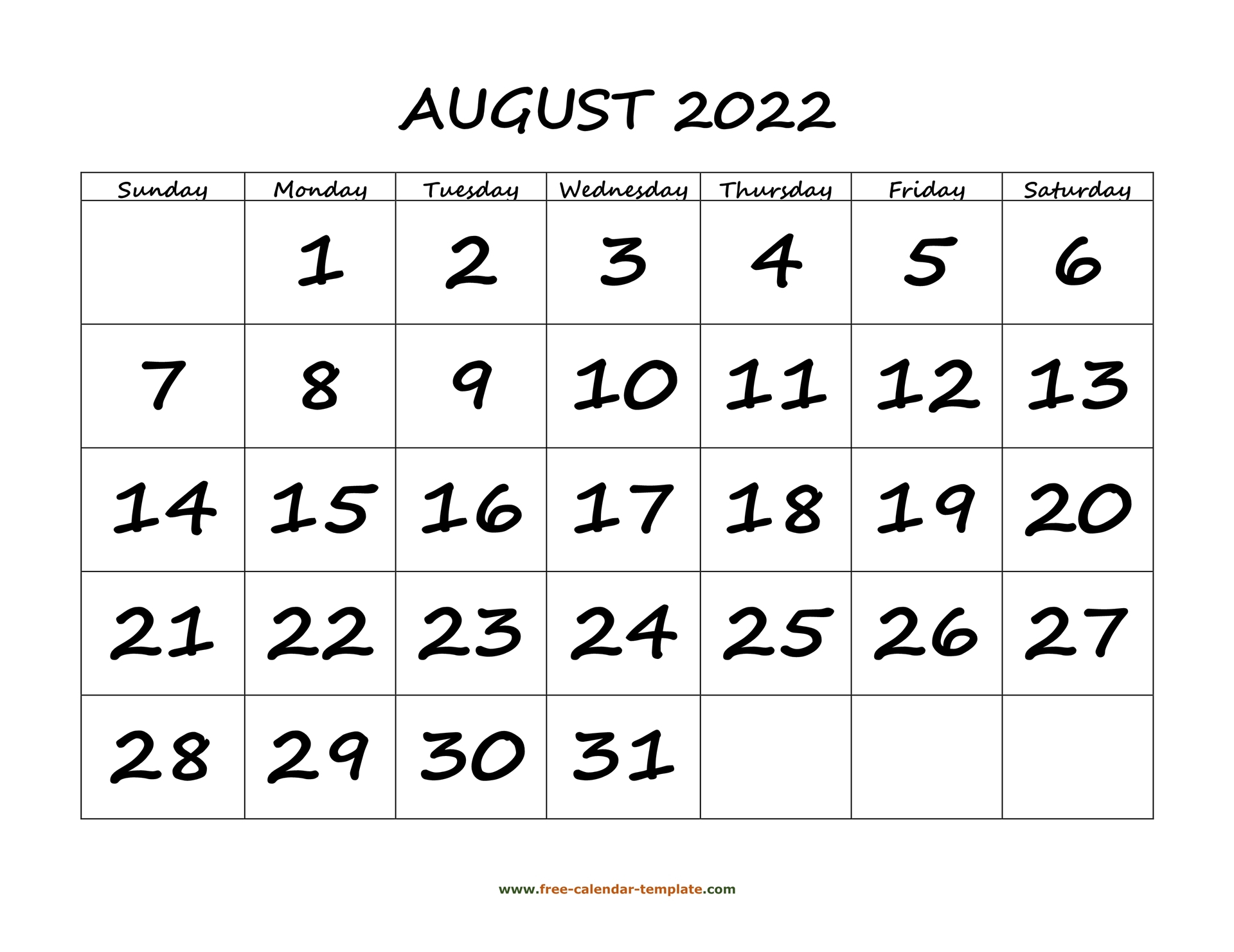 Big Printable August 2022 Calendar