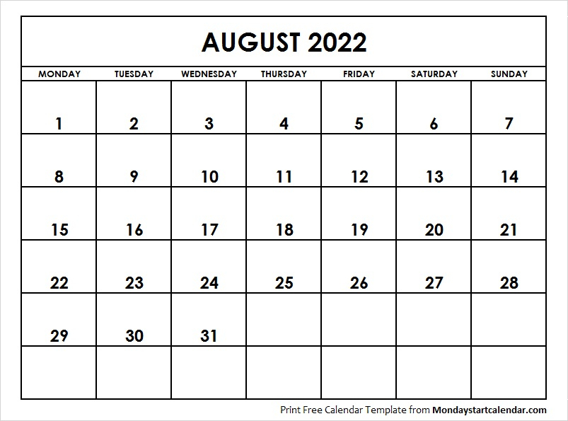 Blank 2022 August Calendar | August Month Template