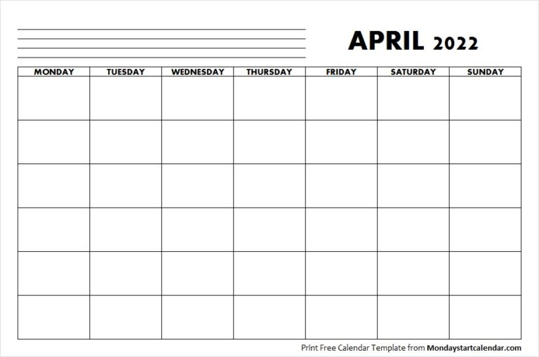 Blank April 2022 Calendar Monday Start Template To Print