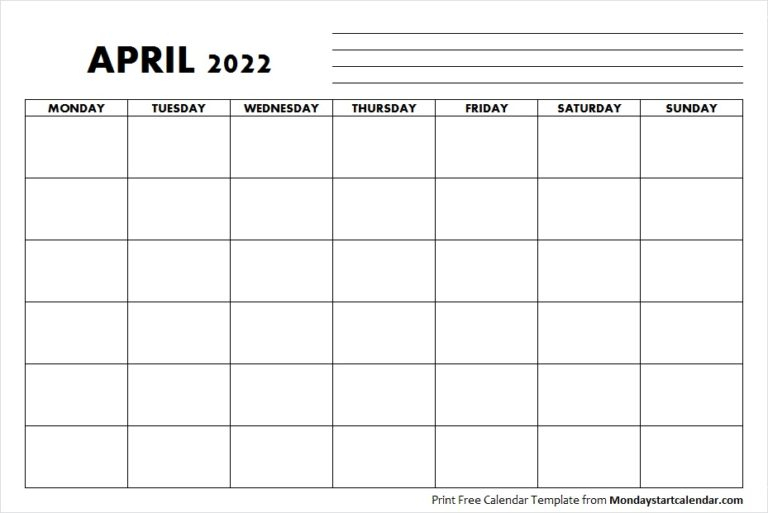 Blank April 2022 Calendar Monday Start Template To Print