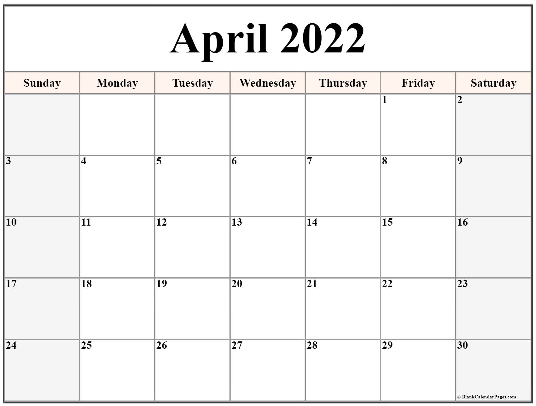 Blank April 2022 Calendar Printable - Print A Calendars