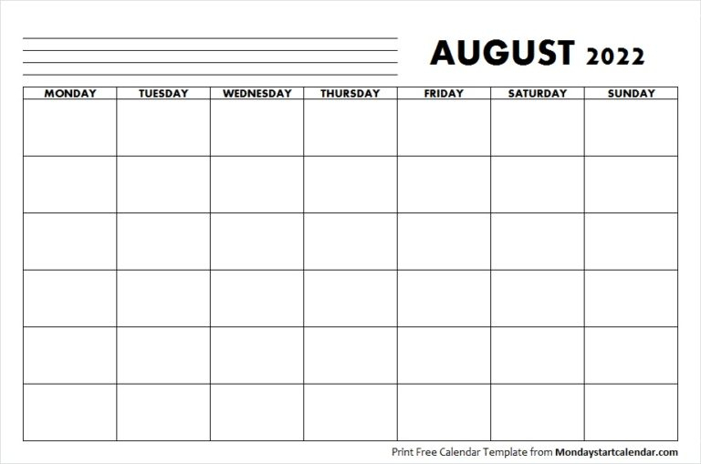 Blank August 2022 Calendar Monday Start Template To Print