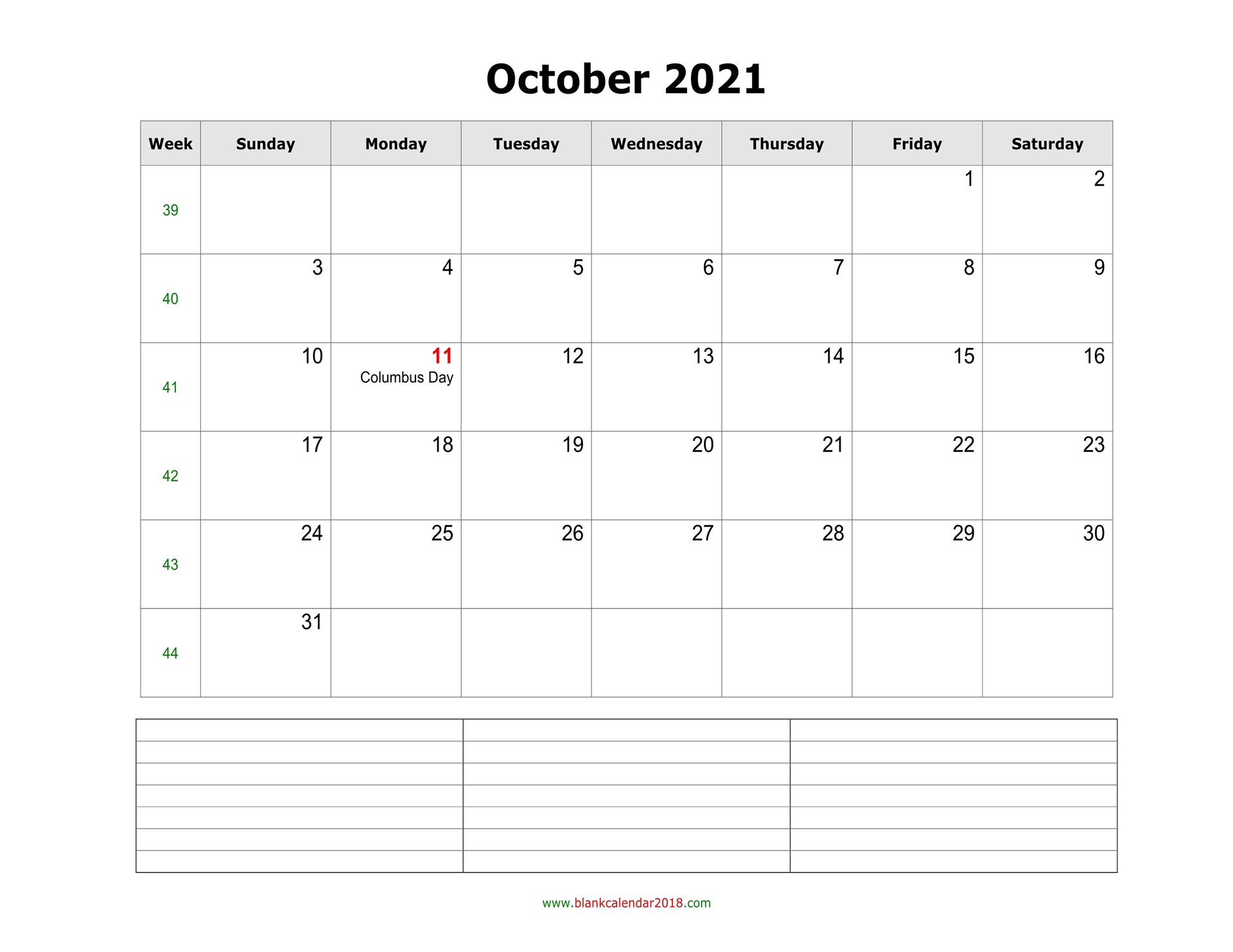 Blank Calendar For October 2021