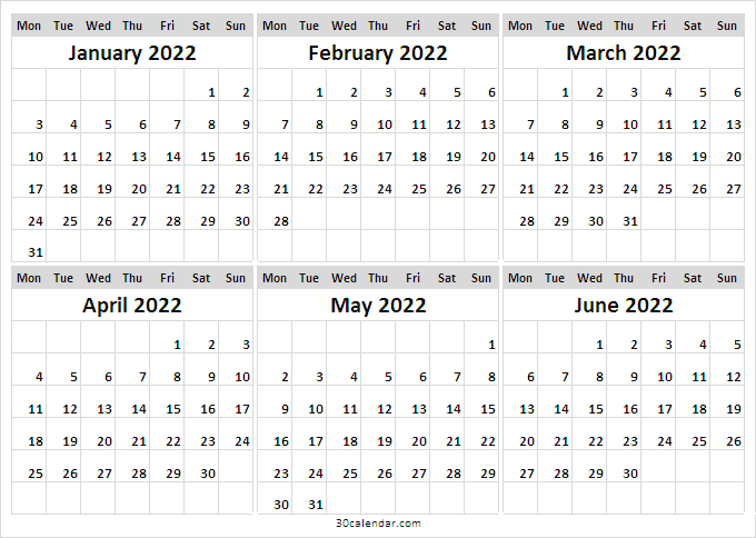 Blank Calendar January To June 2022 | Printable Calendar 2022