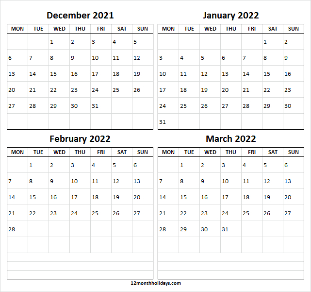 Blank December 2021 To March 2022 Calendar - Printable