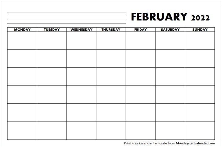 Blank February 2022 Calendar Monday Start Template To Print