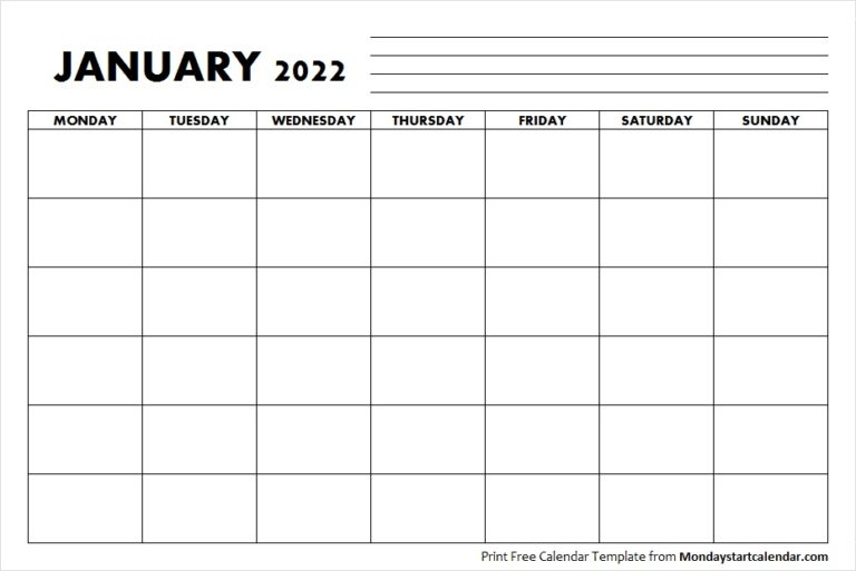 Blank January 2022 Calendar Monday Start Template To Print