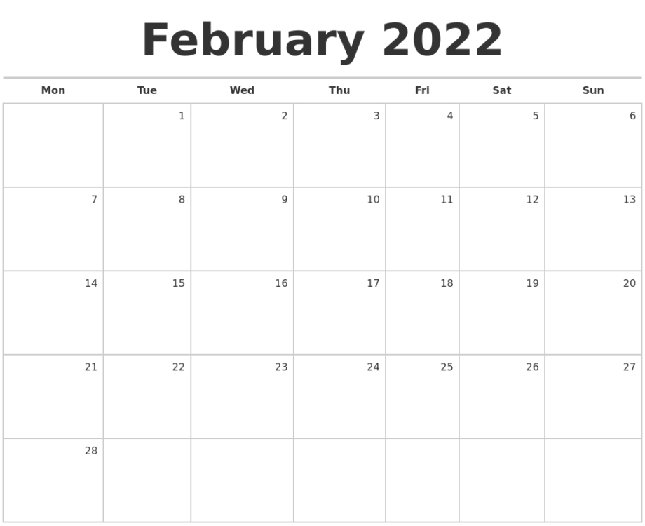 Blank Monthly Calendar Printable February 2022 - 2023