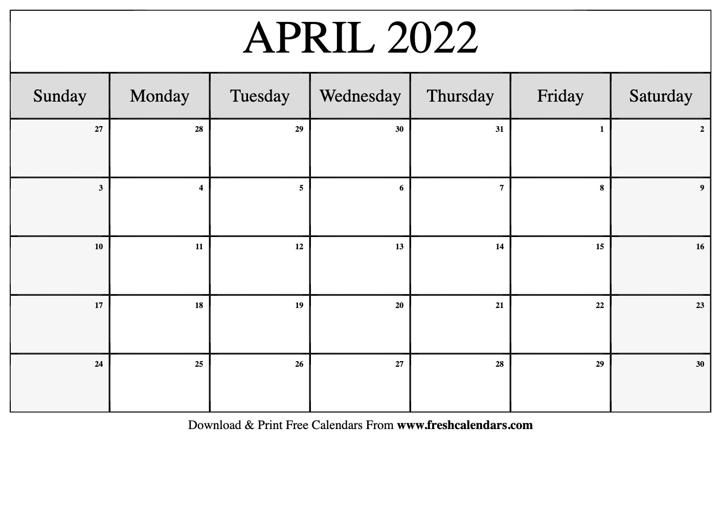 Blank Printable April 2022 Calendars