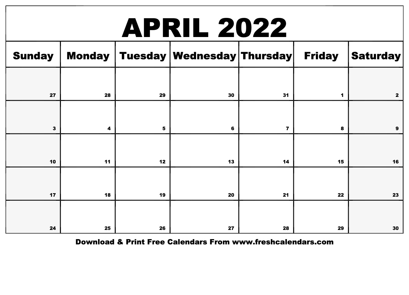 Blank Printable April 2022 Calendars