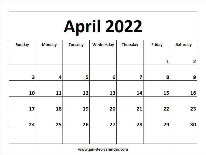 Blank Printable April Calendar 2022 Template Free
