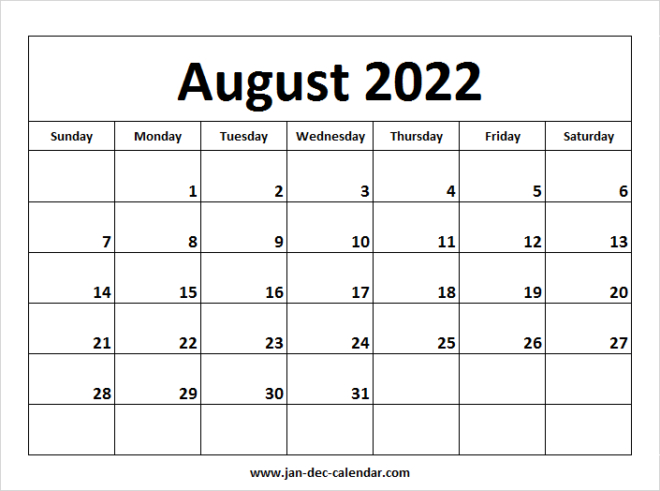 Blank Printable August Calendar 2022 Template Free