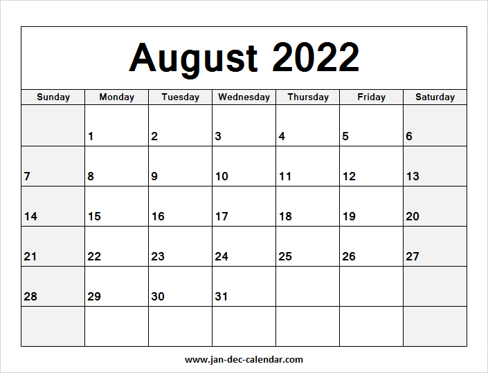 Free Calendar August 2022 | Calendar Template 2022