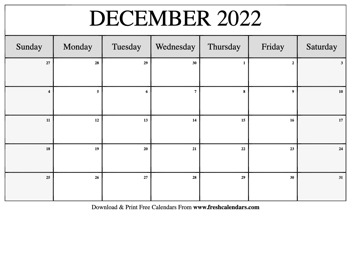 Blank Printable December 2022 Calendars