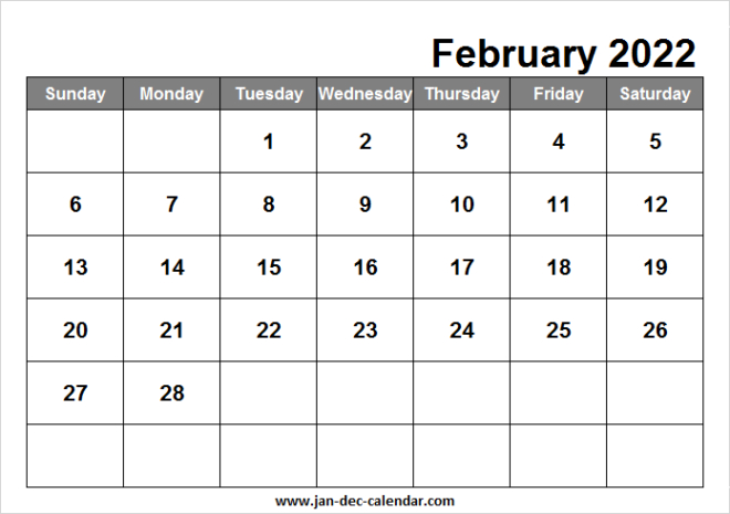 Blank Printable February Calendar 2022 Template Free