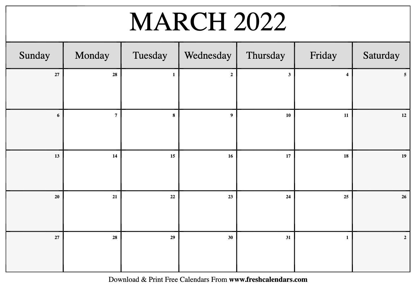 Blank Printable March 2022 Calendars