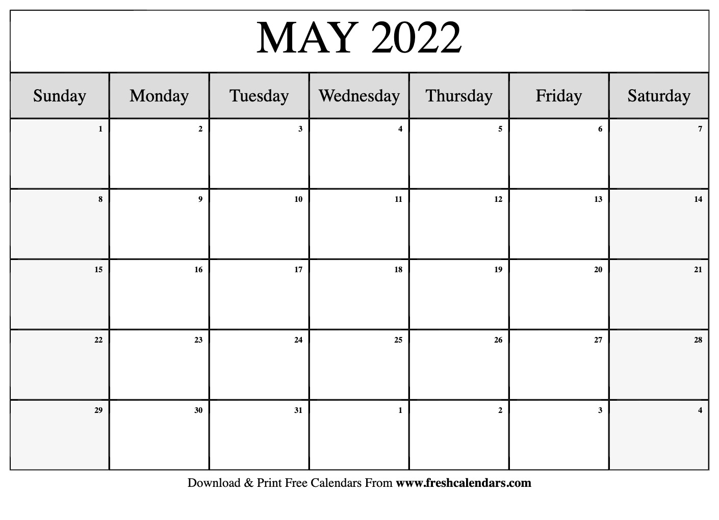 Blank Printable May 2022 Calendars