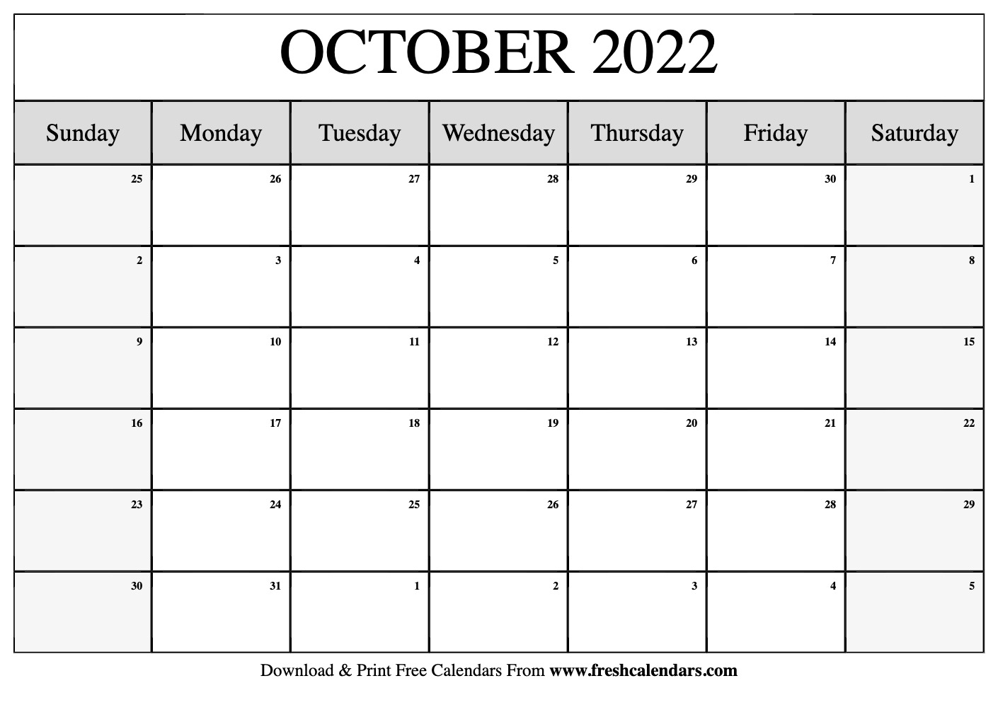 Blank Printable October 2022 Calendars