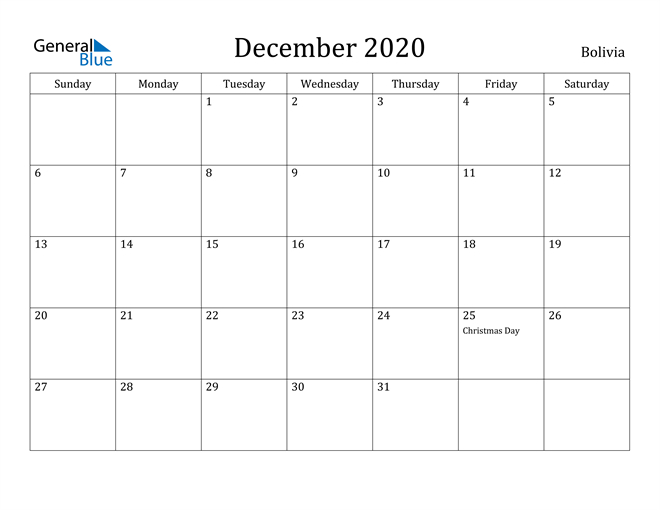 Bolivia December 2020 Calendar With Holidays