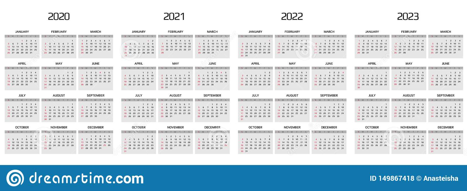 Calendar 2020, 2021, 2022, 2023 Template 12 Months