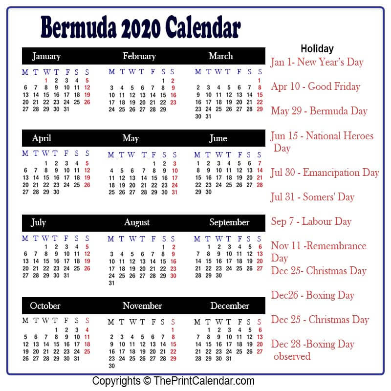 Calendar 2020 Bermuda | Bermuda 2020 Yearly Printable Calendar