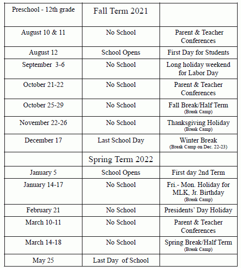 Calendar 2021-2022 - The Capitol School