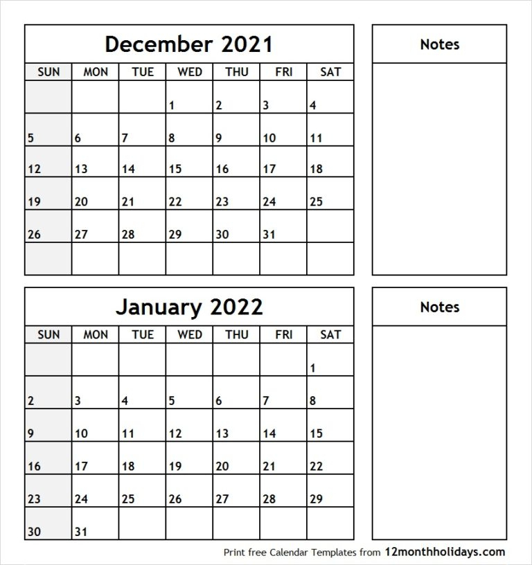 Calendar 2021 December January 2022 - Free Calendar 2021