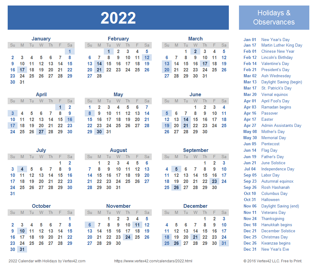 Calendar 2022 Holidays List - July Calendar 2022