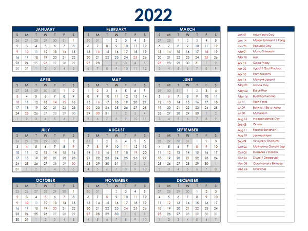 Calendar 2022 Holidays List - July Calendar 2022