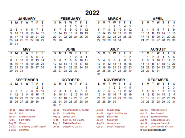 Calendar 2022 Holidays - Printable Calendar 2022