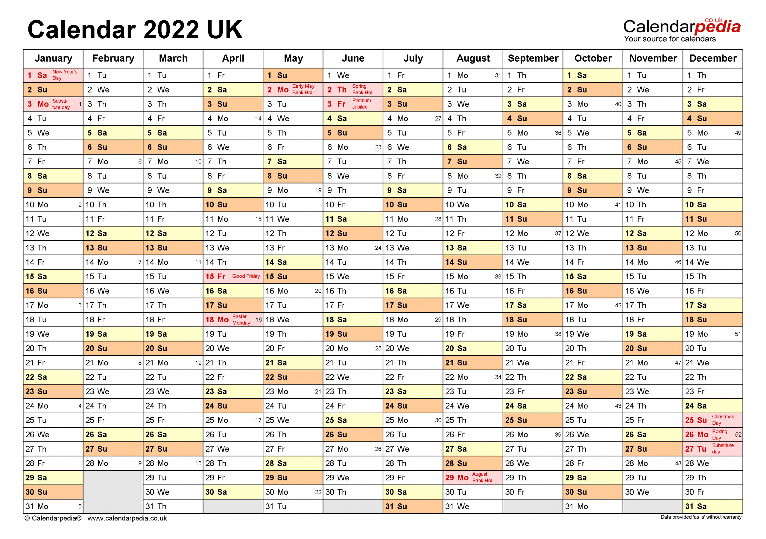 Calendar 2022 (Uk) - Free Printable Microsoft Word Templates