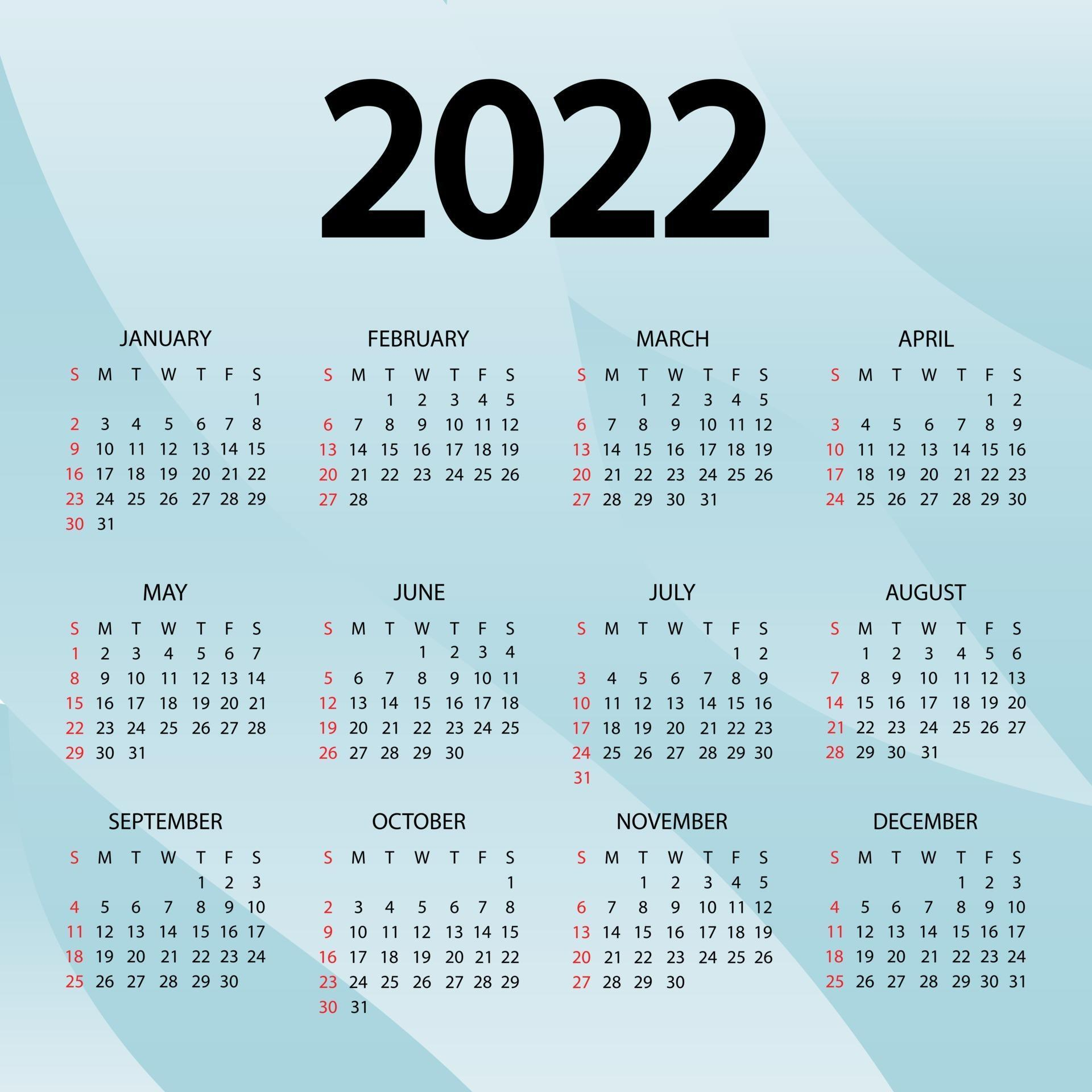 Calendar 2022 Year - Vector Illustration The Week Starts