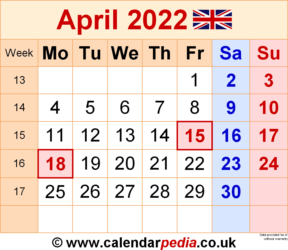Calendar April 2022 Uk With Excel, Word And Pdf Templates