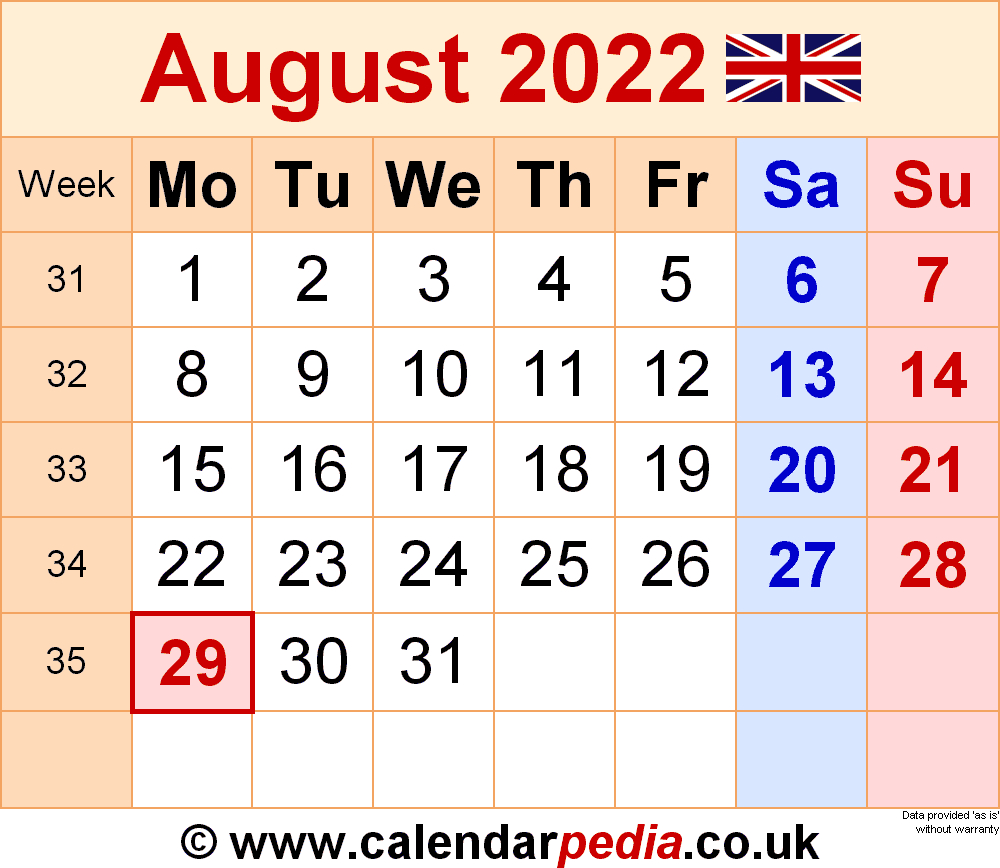 Calendar August 2022 Uk With Excel, Word And Pdf Templates