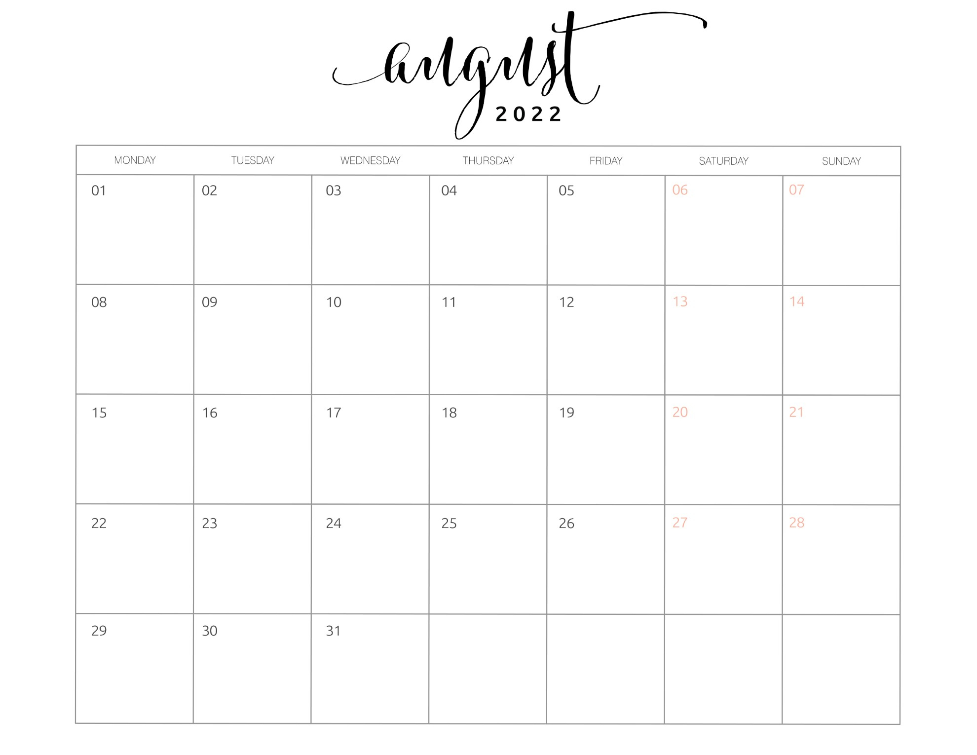 Calendar August 2022 Vanity
