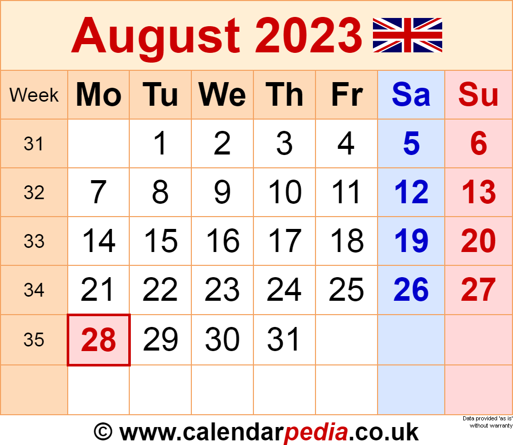Calendar August 2023 Uk With Excel, Word And Pdf Templates