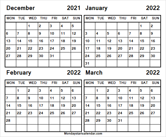 Calendar December 2021 To March 2022 Blank - Dec Calendar