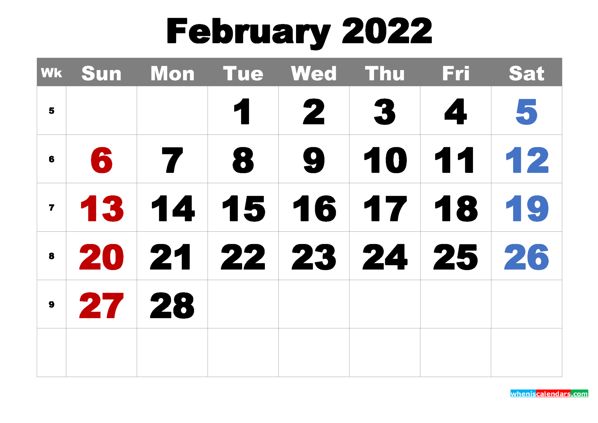 Calendar February 2022 Printable | 2022 Calendars Printable