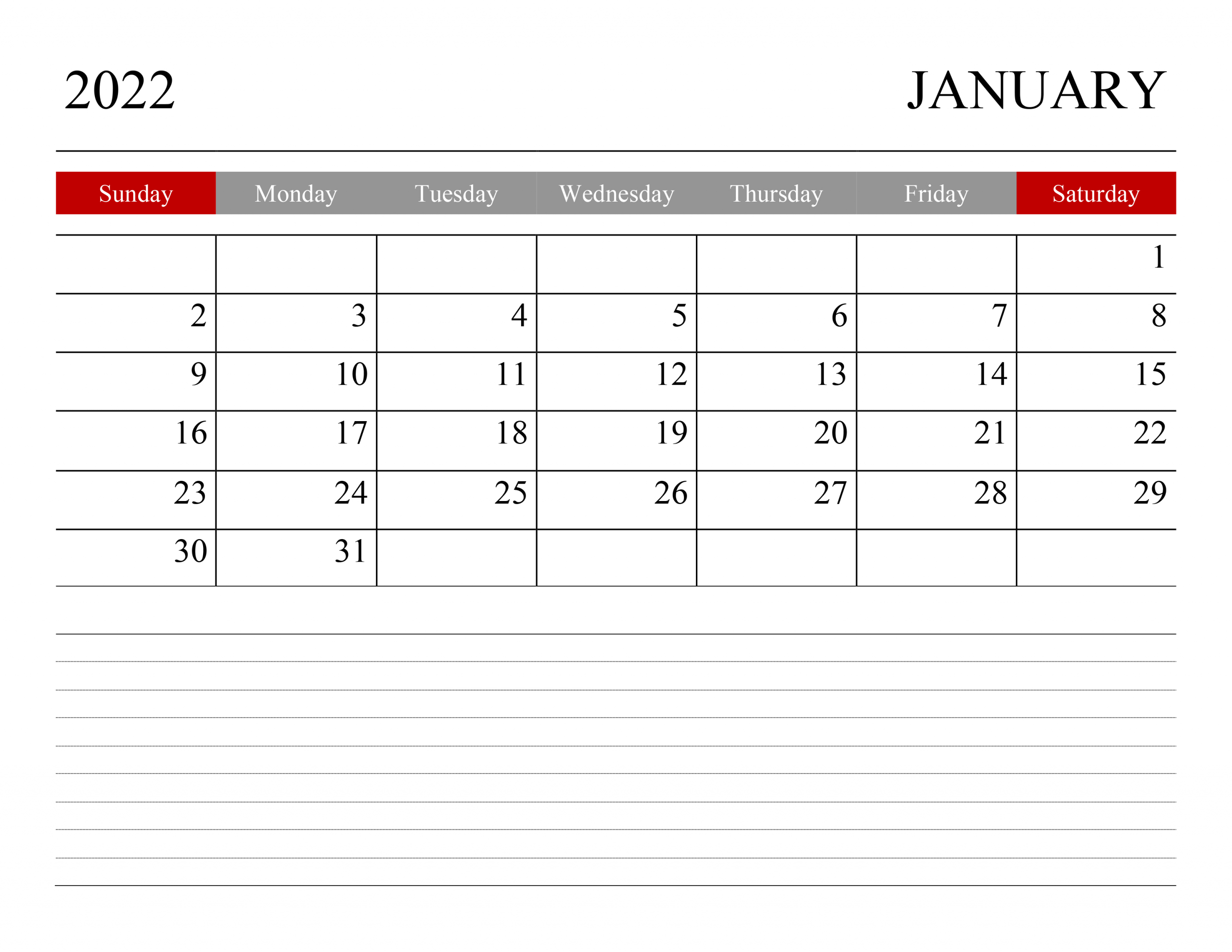 january-2022-calendar-with-notes-calendar-template-2022