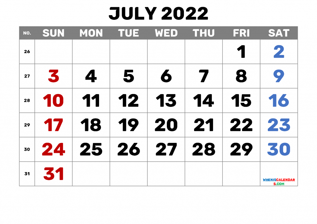 Calendar For July 2022 With Holidays - 2022 Calendar Printable