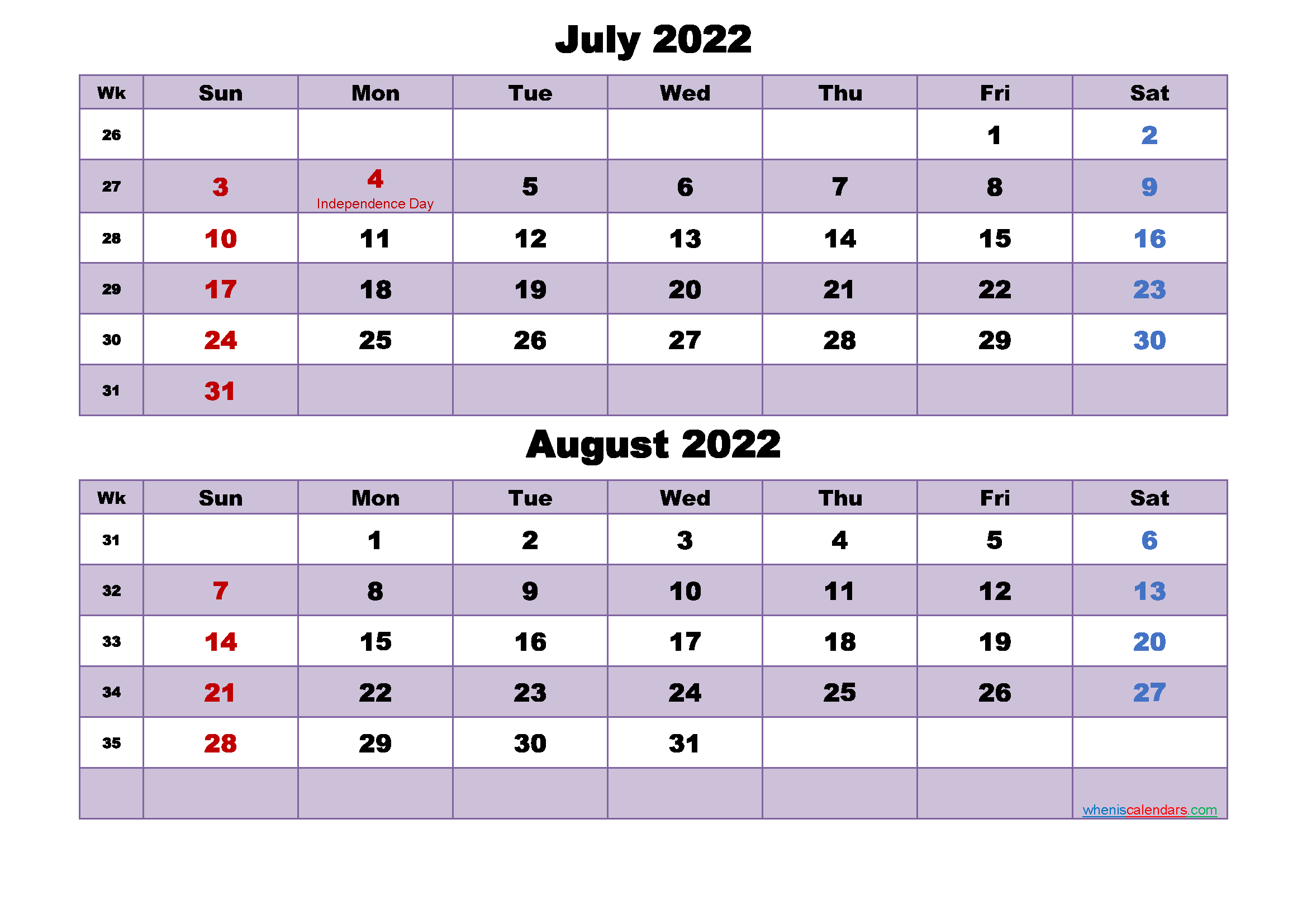 Calendar For July And August 2022 Word, Pdf | Free