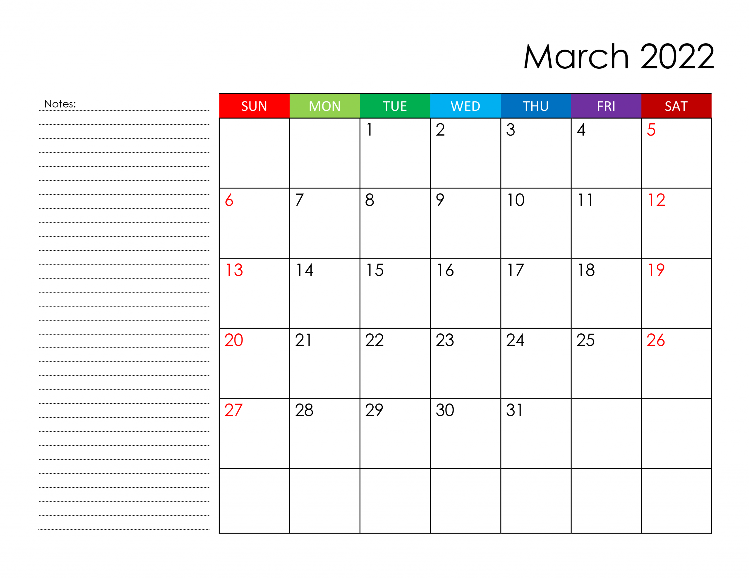 Calendar For March 2022 - Free-Calendarsu