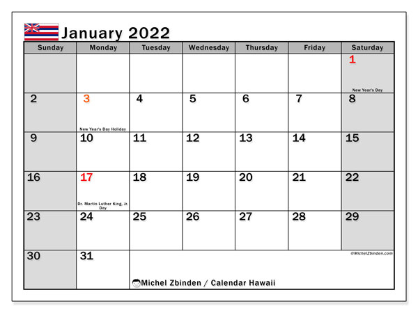 Calendar &quot;Hawaii&quot; - Printing January 2022 - Michel Zbinden En