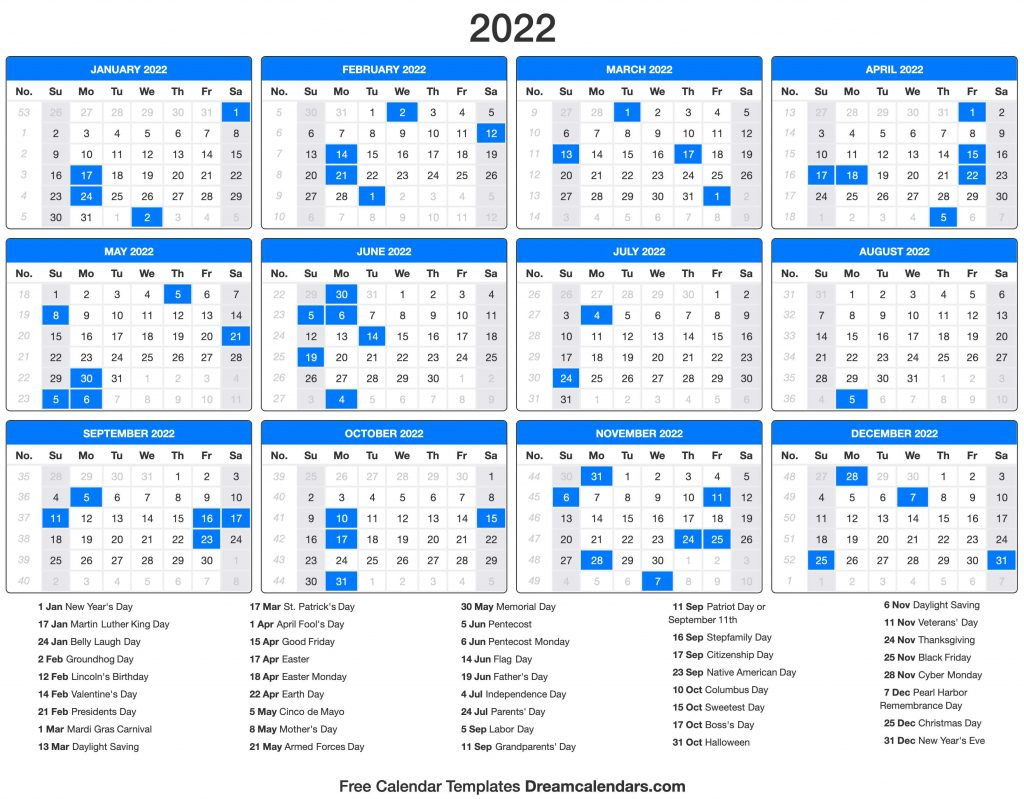 Calendar Holidays 2022 In The Us