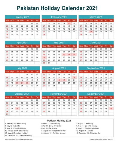 Calendar Horizintal Grid Sun Sat Pakistan Holiday Cheerful