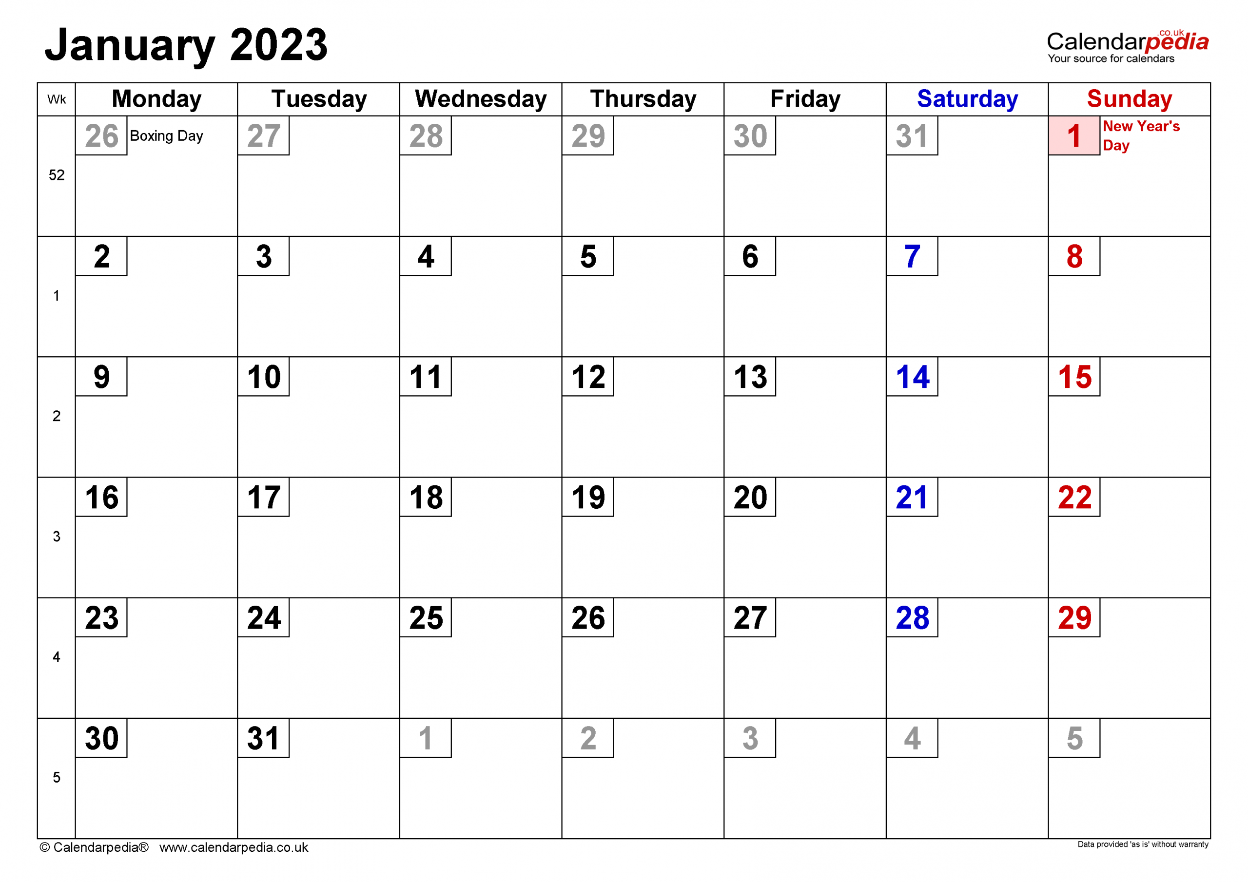 Calendar January 2023 Uk With Excel, Word And Pdf Templates